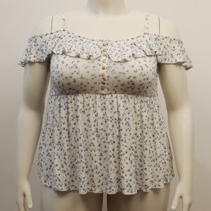 Torrid Plus Size 0 White w/ Blue Flowers Cold Shoulder Cami Top w Buttons NWOT